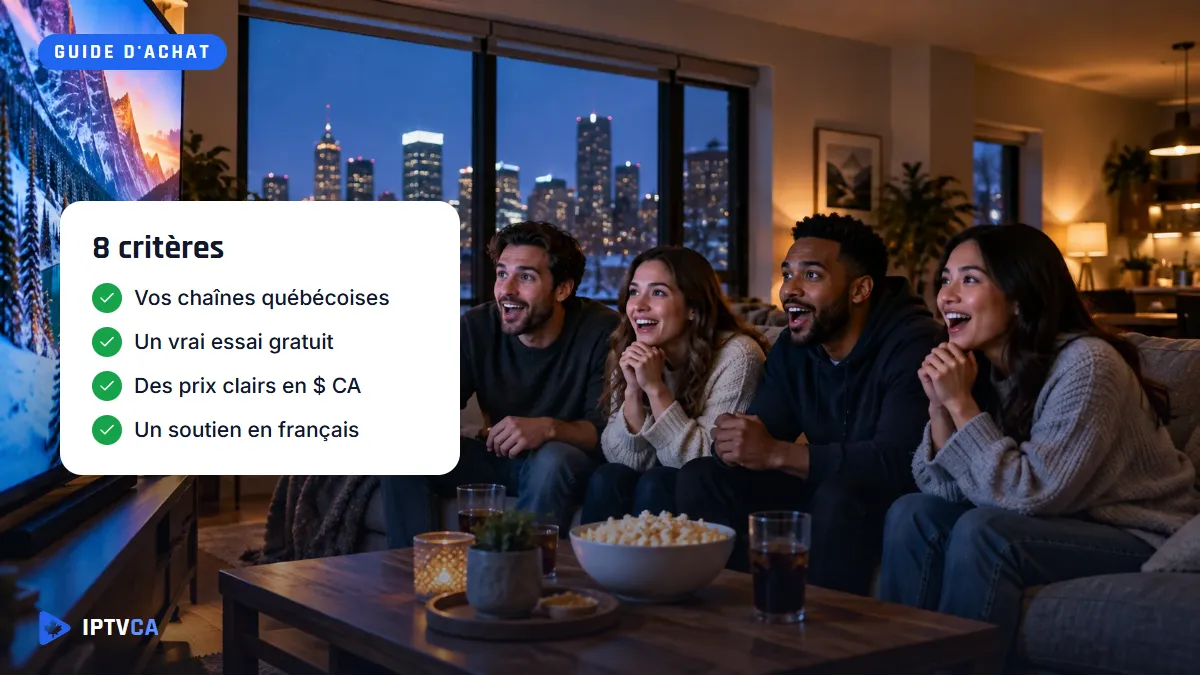 Quatre amis devant une grande télé dans un condo le soir, à côté d'une liste de 8 critères IPTV