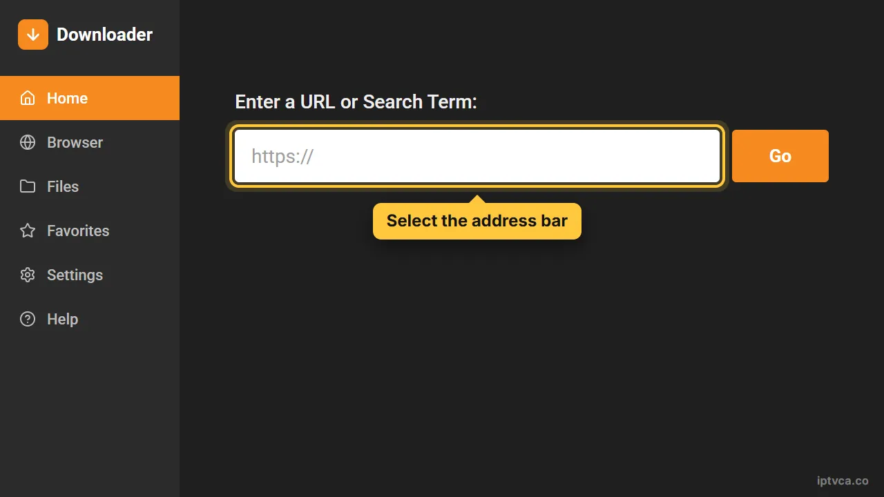 Downloader app home screen with the address bar selected