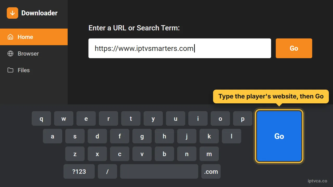 Downloader keyboard with the player's website typed in and the Go key selected