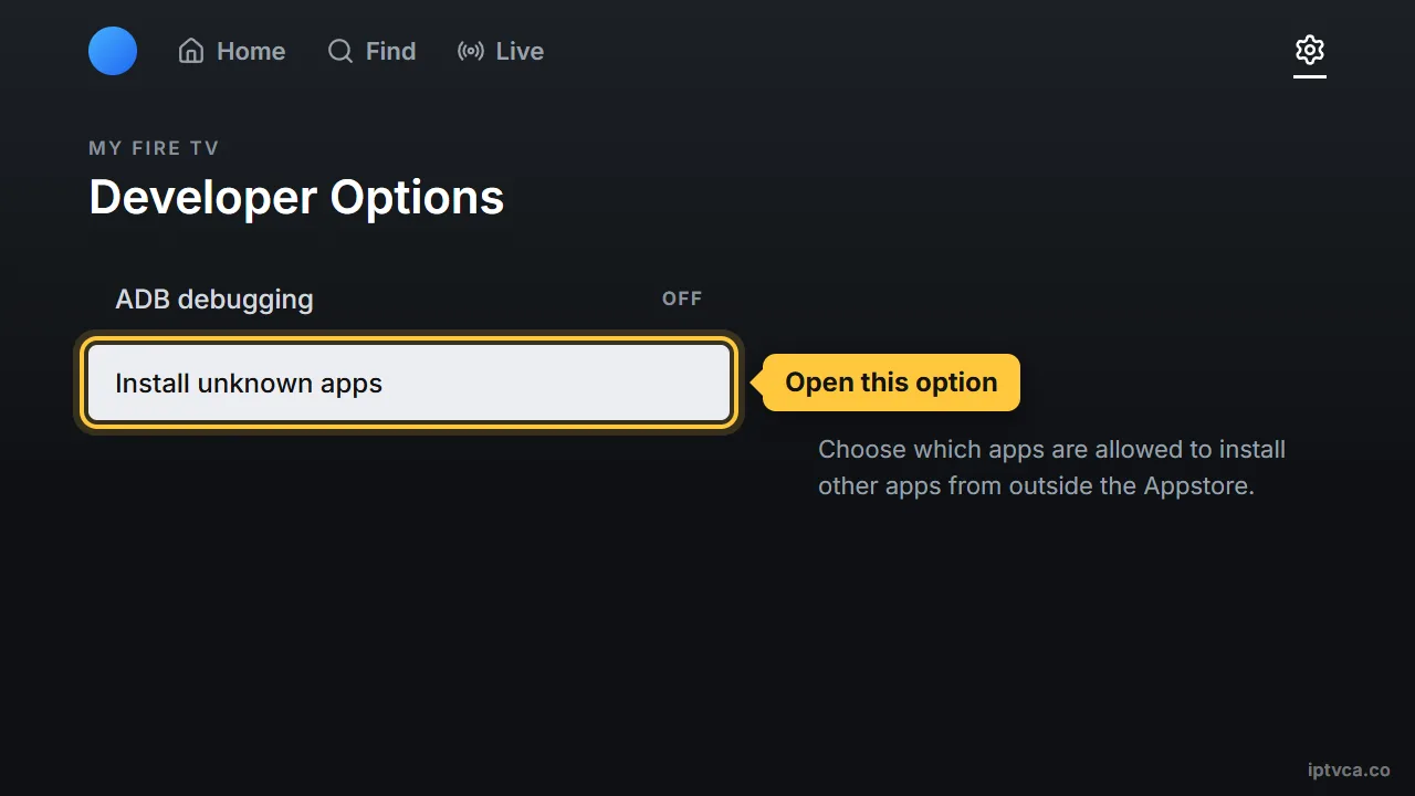 Fire TV Developer Options with Install unknown apps selected