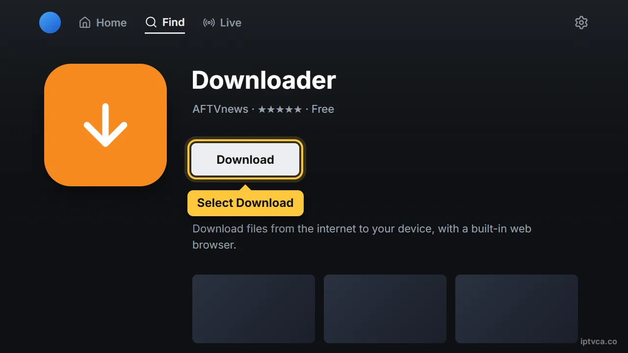 Downloader app page on Fire TV with the Download button selected
