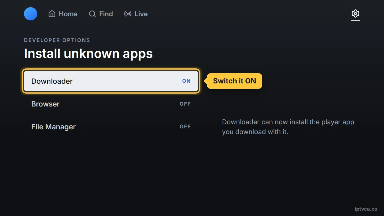 Fire TV Install unknown apps list with Downloader switched on