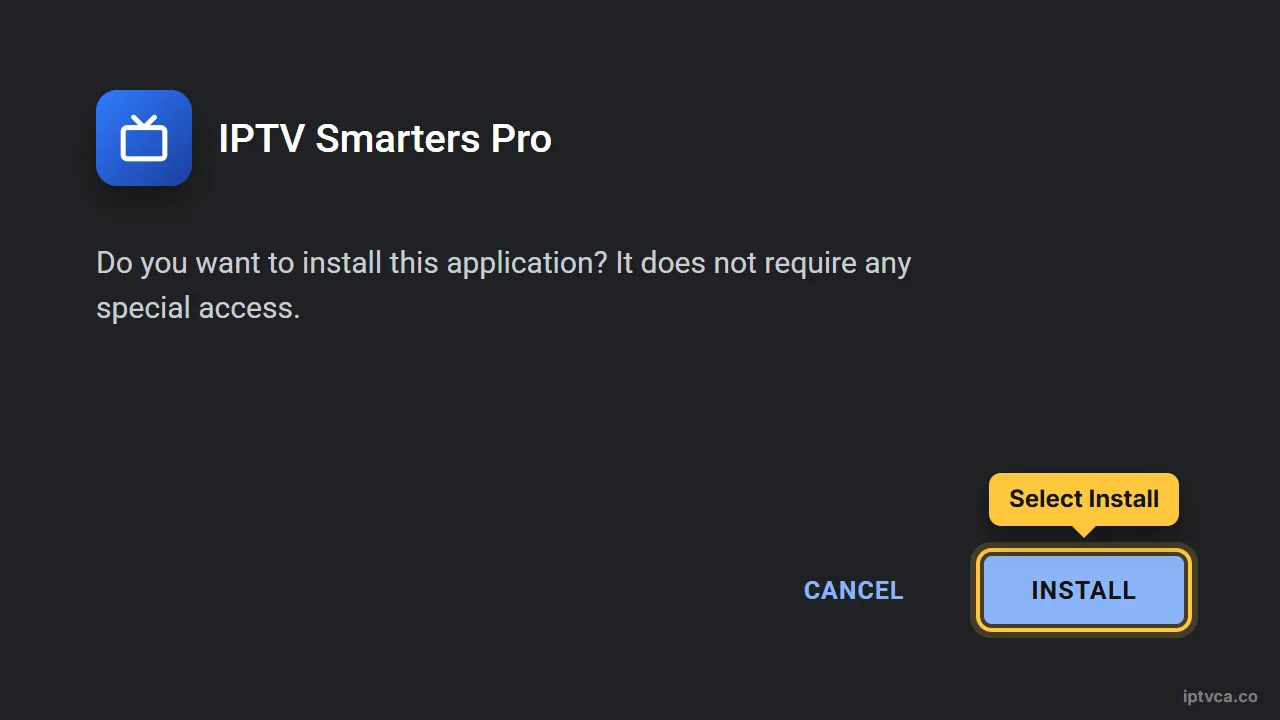 Android installer asking to install IPTV Smarters Pro, with Install selected