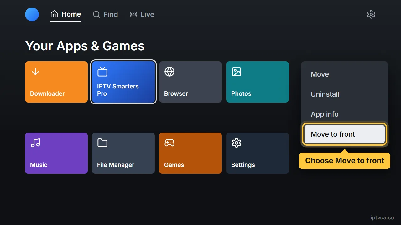 Fire TV app options menu with Move to front selected