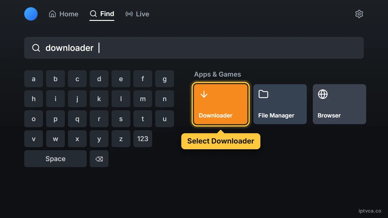 Fire TV search for Downloader, with the orange Downloader app selected