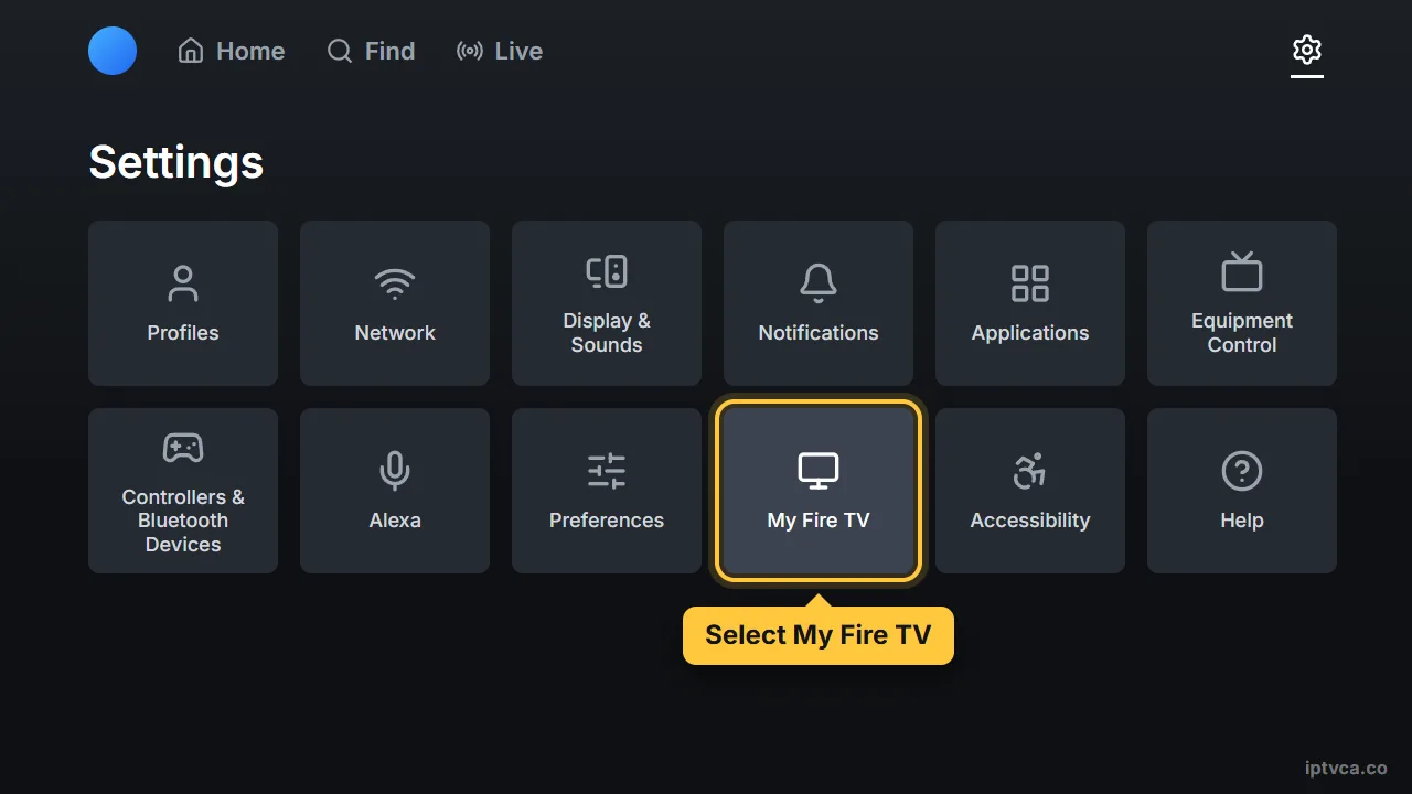 Fire TV Settings screen with My Fire TV selected