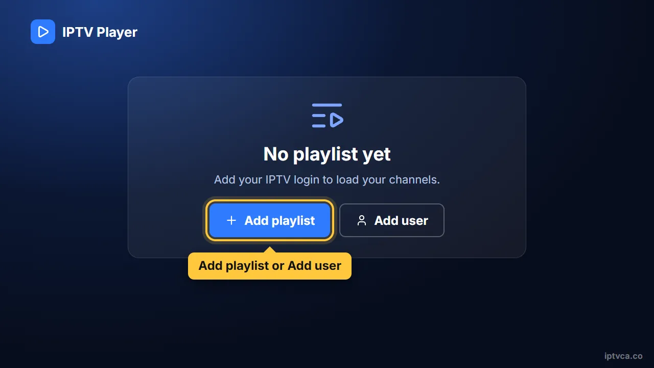 IPTV player first screen with the Add playlist button selected